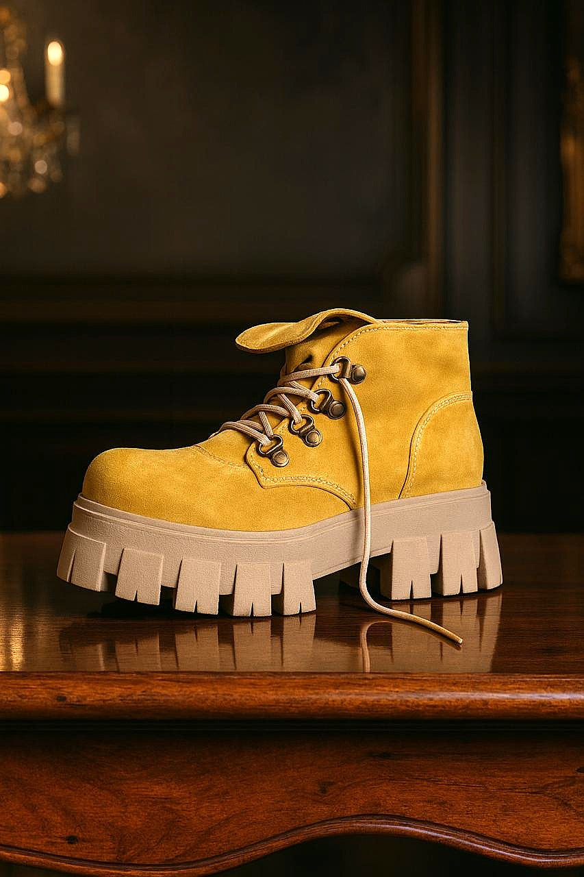 Botín de cuero color amarillo para mujer, con cordones y suela de plataforma dentada, visto de lado sobre superficie de madera