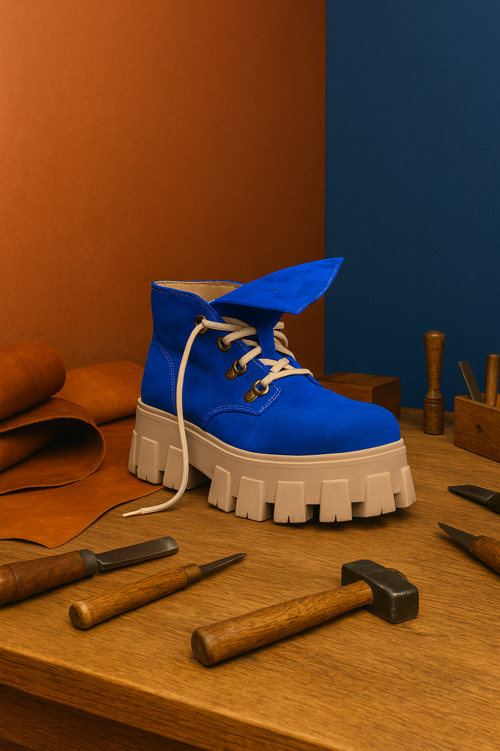 Foto de zapato Rufah de cuero azul sobre mesa de trabajo, representando la historia y oficio artesanal de la marca.