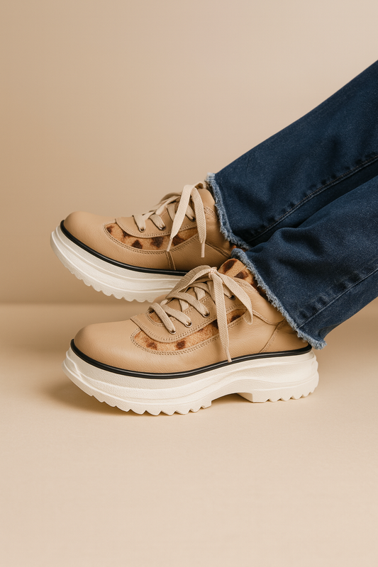 Zapatillas de cuero color beige siendo usadas por una modelo a la cual se le ven las piernas. Vista de lado