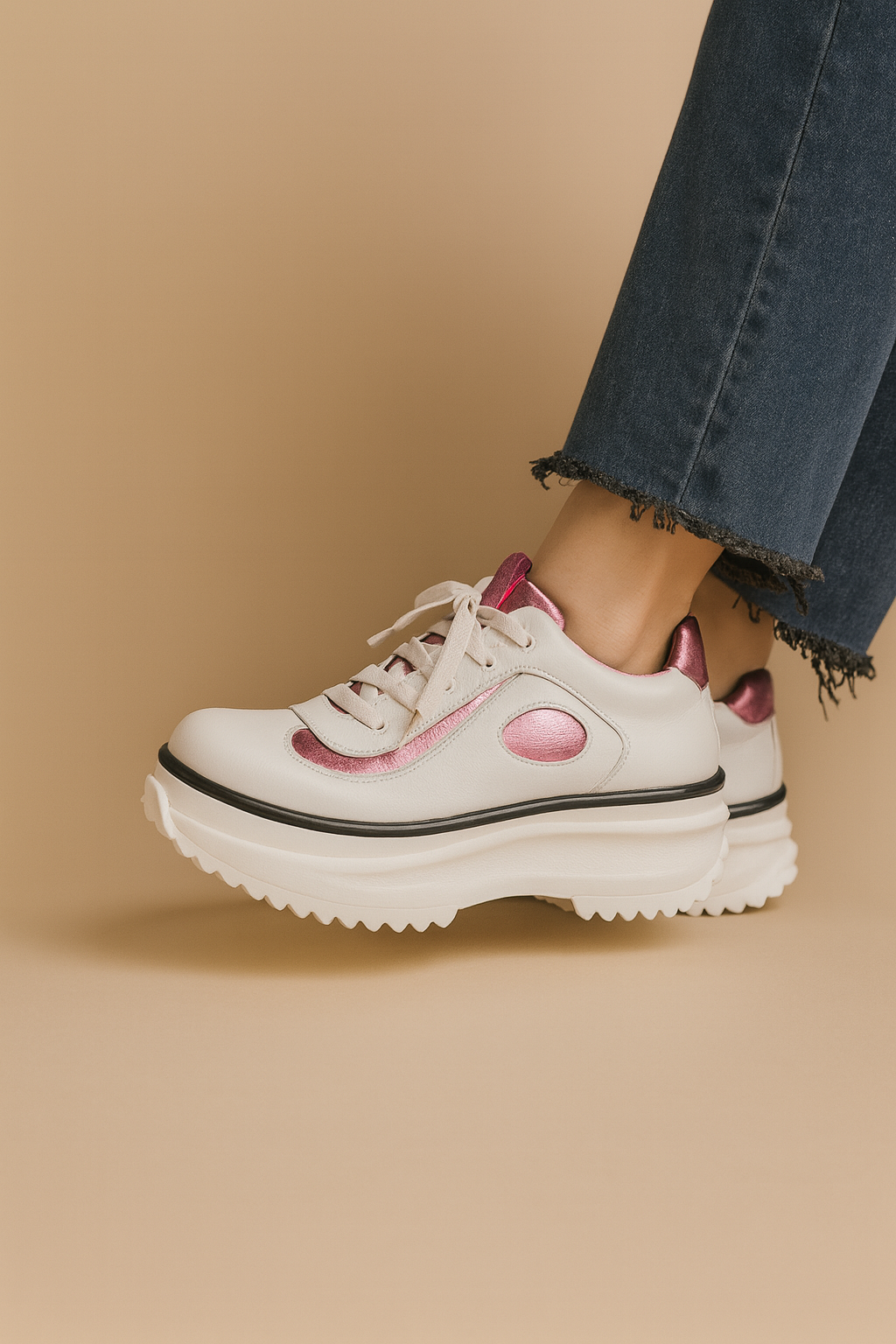 Zapatilla de cuero blanca con detalles fucsia metalizados, usada por mujer con jeans, sobre fondo beige de estudio