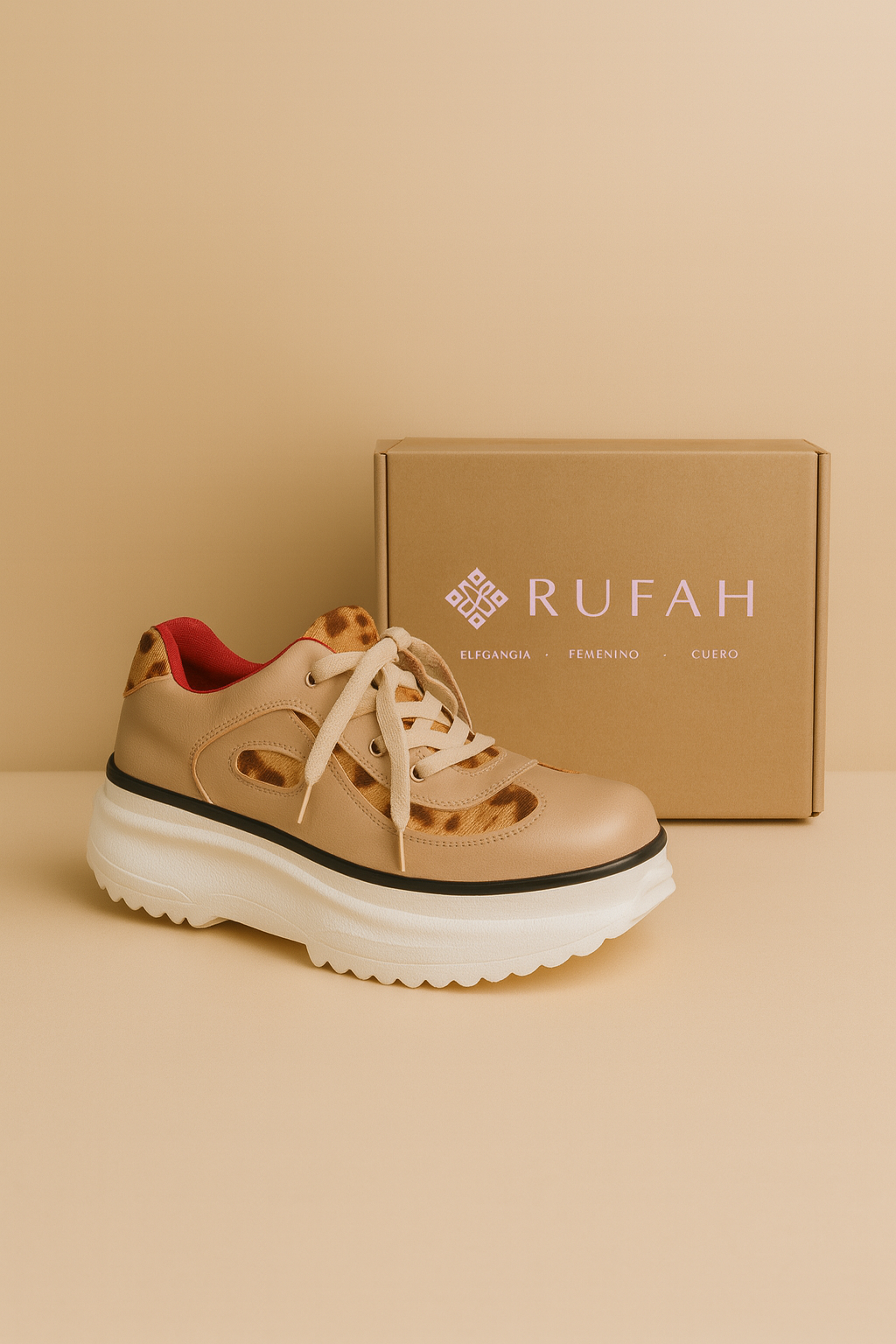 Zapatilla color beige sobre suelo del mismo tono con una caja. Vista lateral 