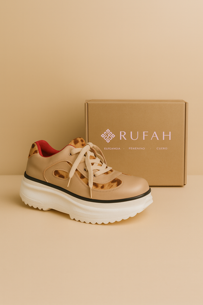 Zapatilla color beige sobre suelo del mismo tono con una caja. Vista lateral 