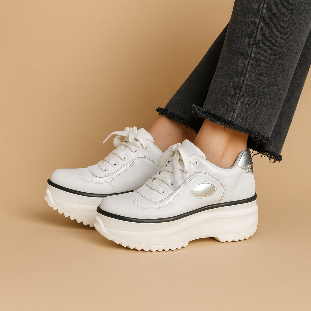 Zapatilla de cuero blanca para mujer, vista lateral completa con detalle plateado y plataforma alta, fondo beige tipo estudio